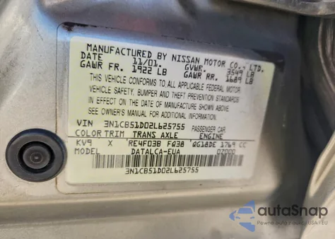 2002 Nissan Sentra Xe из США, поврежденный, VIN 3N1CB51D02L625755